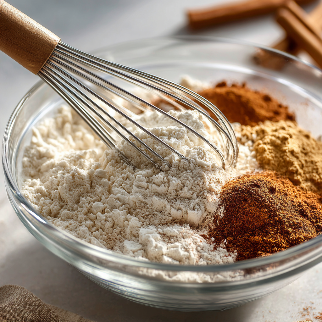 Flour, baking powder, cinnamon, nutmeg, and salt combined in a bowl.