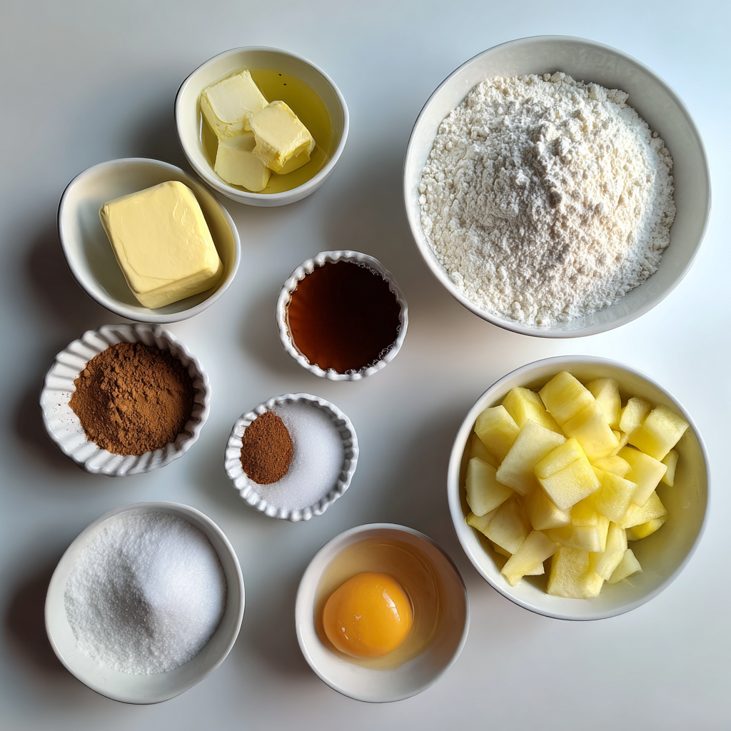 Ingredients for apple brownies including flour, spices, butter, sugar, egg, vanilla, and diced apples.