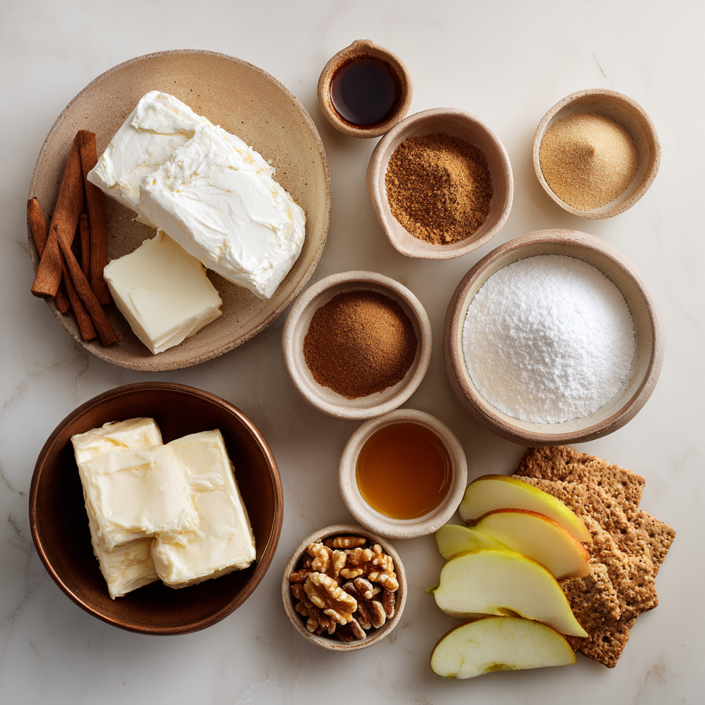 Ingredients for caramel apple cheesecake dip including cream cheese, sugars, caramel sauce, spices, nuts, and apple slices.