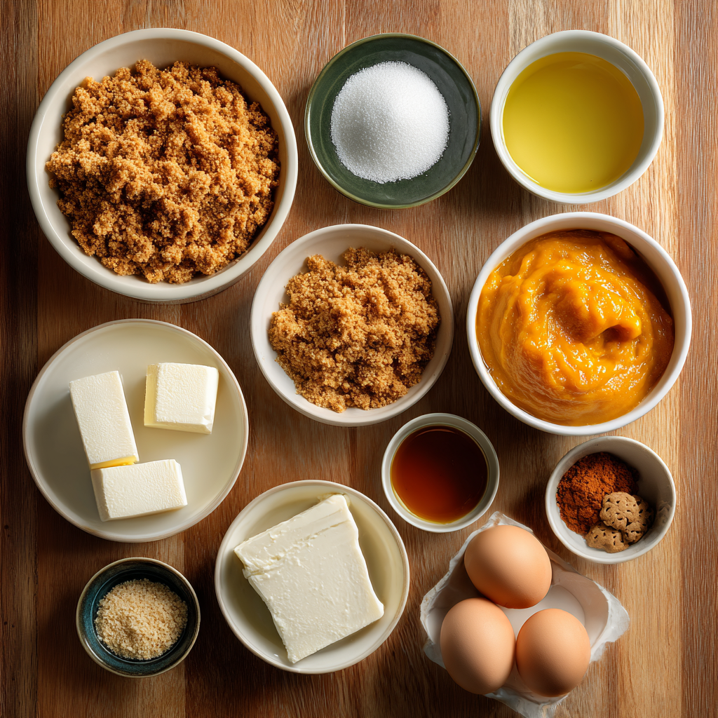 Ingredients for pumpkin cheesecake including ginger snap crumbs, butter, cream cheese, sugar, pumpkin puree, eggs, vanilla, and spices.