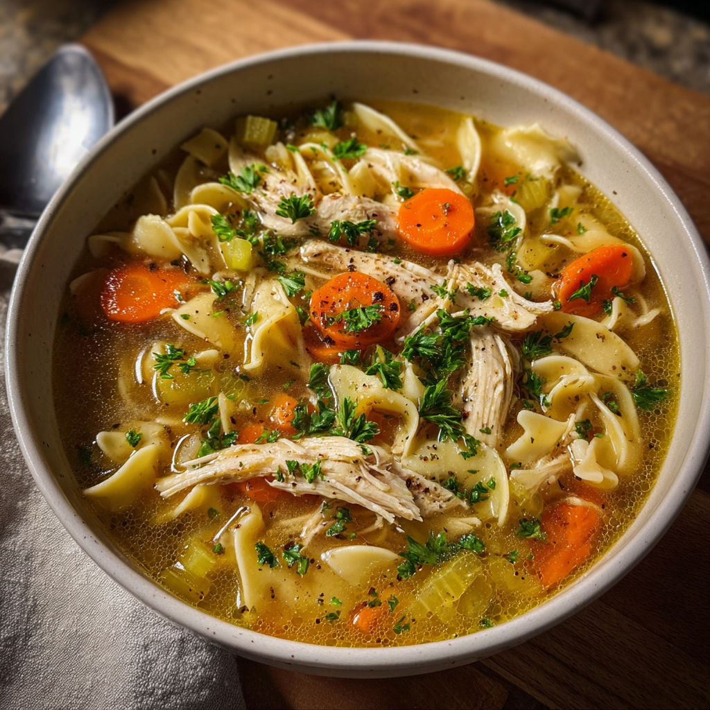 Classic homemade chicken noodle soup with noodles, vegetables, and herbs
