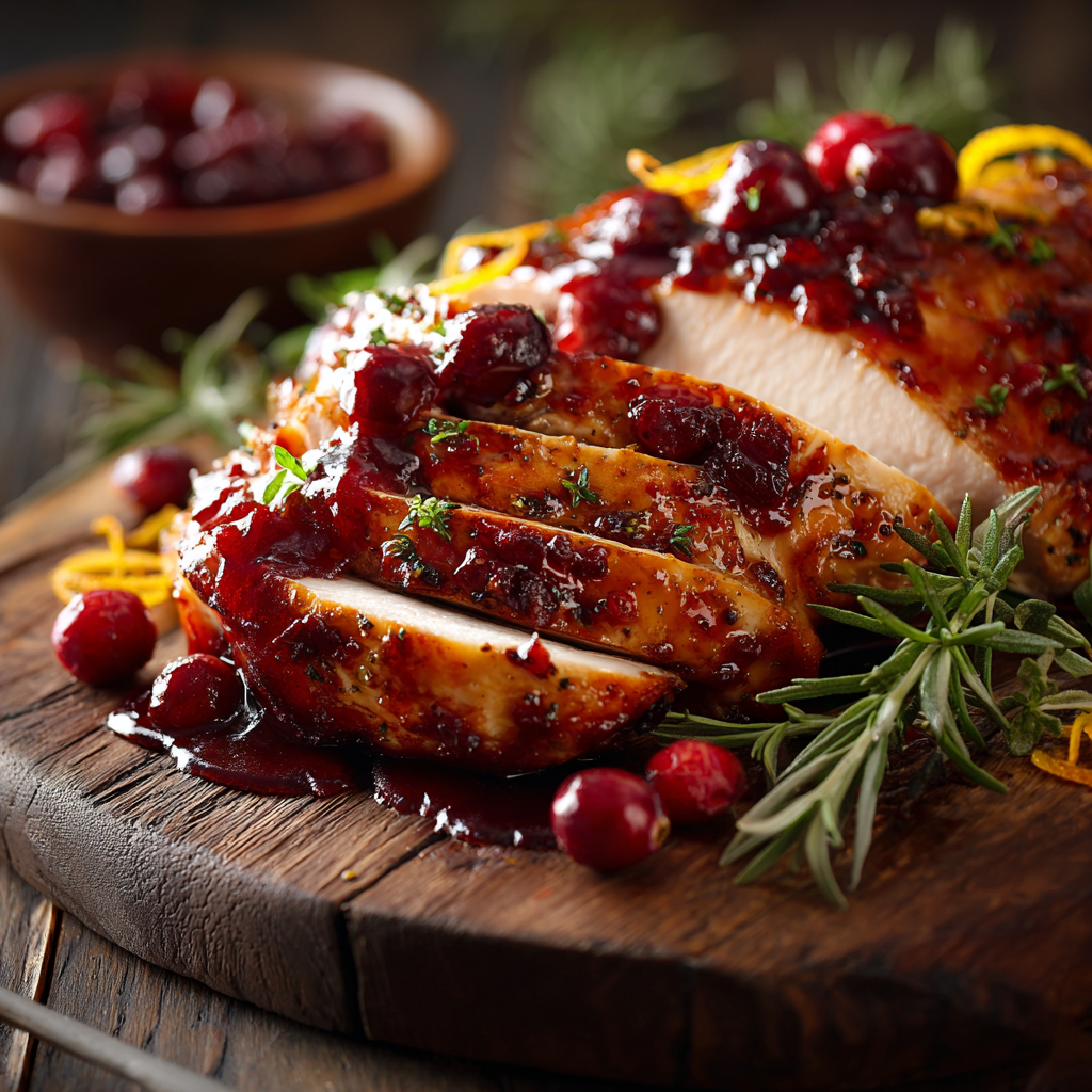 juicy cranberry orange glazed turkey breast on wooden board