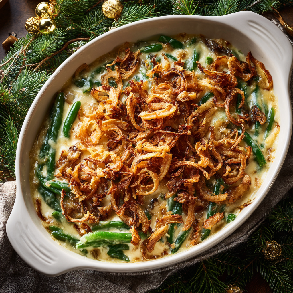 creamy green bean casserole with crispy onions