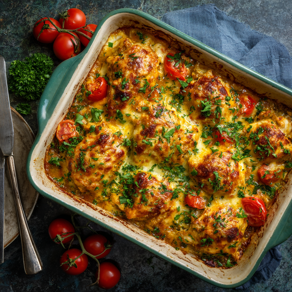 Chicken casserole baked with cheese