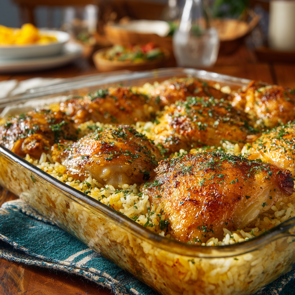 Chicken and rice casserole in baking dish