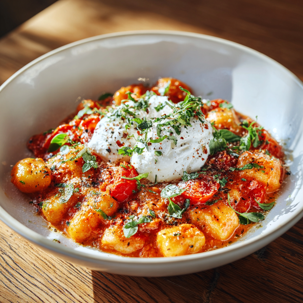 Tomato gnocchi with burrata cheese